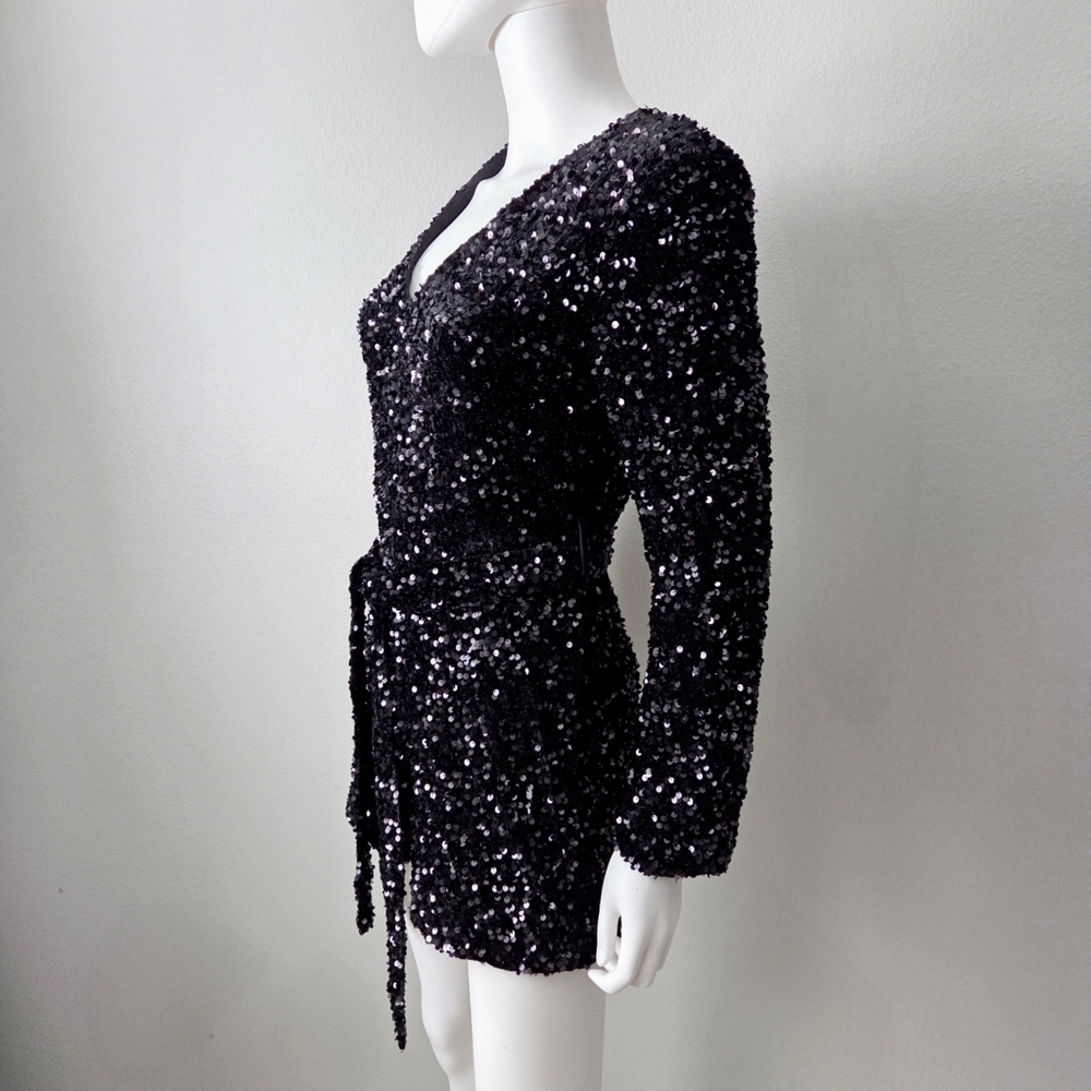 Black Sequin Long Sleeve Romper With V-Neckline & Removable Belt, Size Small - Picture 3 of 16